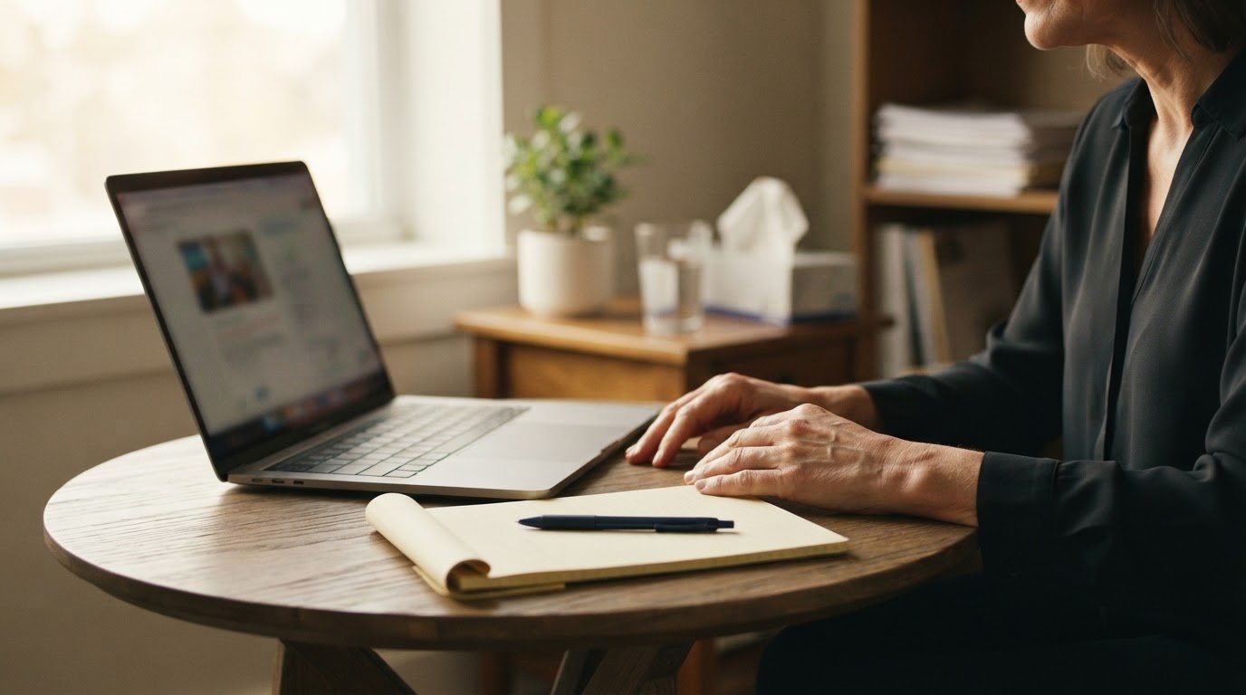 A private, well-kept daylit study seen at conversational distance across a small round wooden table: a clinician's forearms