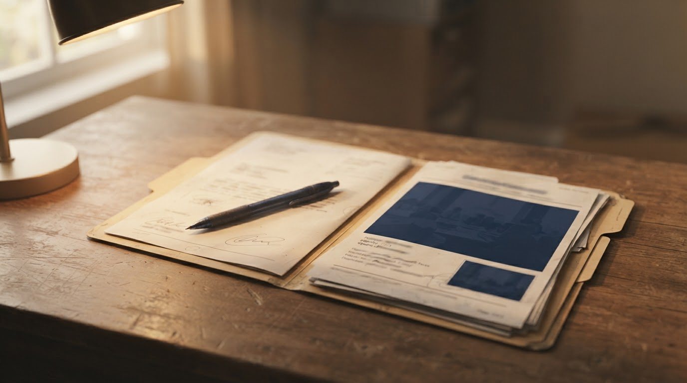 A tabbed case file lying open on a wooden desk under warm lamplight, a pen resting across the page